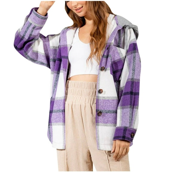 Fesfesfes Windbreaker Jacket Women Winter Fashion Hooded Loose Casual Woolen Windproof Plaid Hooded Drawstring Jacket Fall