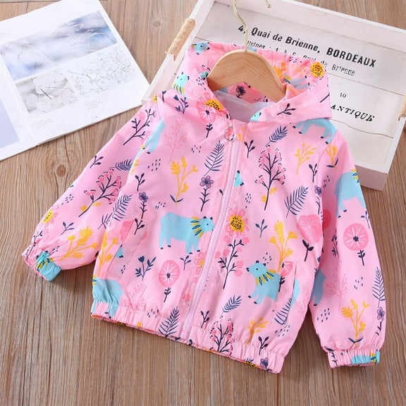 Fesfesfes Windproof Jacket for Girls Casual Hoodie Jacket Long Sleeve Zipper Jacket Children Cartoon Printed Hooded Jacket
