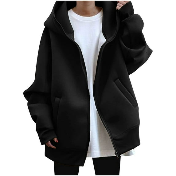 Fesfesfes Winter Coat Womens Casual Loose Pockets Long Sleeve Zip Up Hoodie Solid Color Outerwear Coat Sale or Clearance