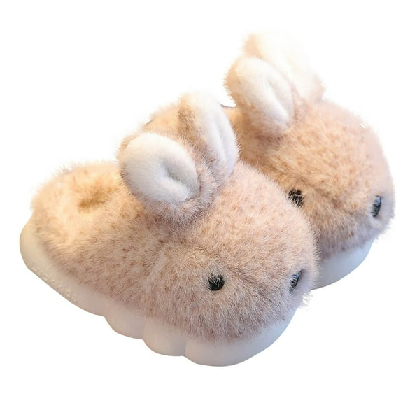 Fesfesfes Winter Cute Print Childrens Slippers Boys Girls Non Slip Warm Fleece Lined House Shoes for Kids Cozy Fuzzy Plush Toddler Slippers for Indoor and Outdoor Activities(Khaki,2-3 Years)