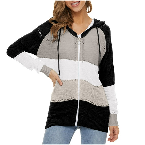 Fesfesfes Winter Jackets For Women Winter Casual Color Blocking V-Neck Long Sleeve Pullover Knitted Hooded Sweater Top Blouse Sweater Coat