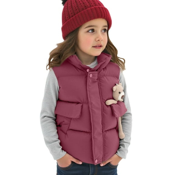 Fesfesfes Winter Kids Sleeveless Outwear Puffer Jacket Girls Boys Lightweight Zipper or Buttons Warm Outerwear Coat with Pocket Fashionable Quilted Tops Thick Casual Wear(Wine#3,1-2 Years)