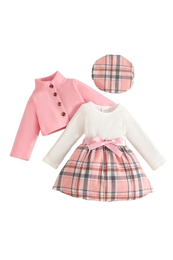 Winter Sweet Fashion Solid Color Fleece Stand Collar Long Sleeve Coat with Classic Plaid Belt Dress and Beret 3 Piece Set Long Sleeve Round Neck Shirt Blouse Outfit(Pink,6 Months)