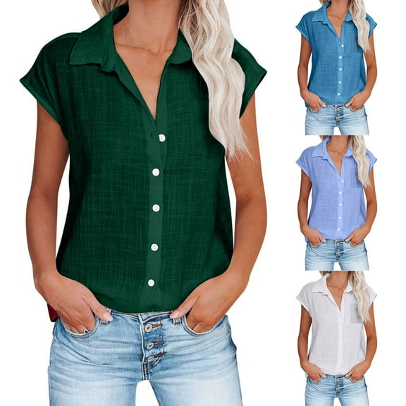 Fesfesfes Winter Tunics for Women Fashion Women's Short Sleeve Turndown Collar Round-Neck Button Casual Elastic Comfy Blouse Shirts Tshirts for Women 4(S)