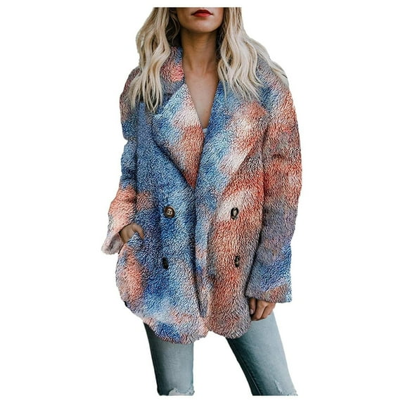 Fesfesfes Winter Warm Cardigan For Women Lapel Overcoat Fleece Open Front Coat With Pockets Tie Dye Printing Outerwear