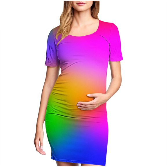 Fesfesfes Woman' Fashionable Printed Pleated Maternity Skirt Short Sleeved Round Neck Mid Calf Dress(Multicolor,L)