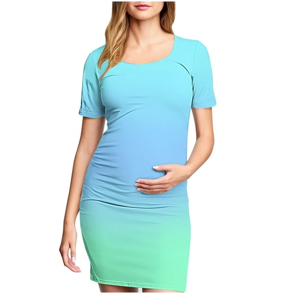 Fesfesfes Woman' Fashionable Printed Pleated Maternity Skirt Short Sleeved Round Neck Mid Calf Dress(Multicolor,M)