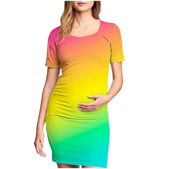 Fesfesfes Woman' Fashionable Printed Pleated Maternity Skirt Short Sleeved Round Neck Mid Calf Dress(Multicolor,M)
