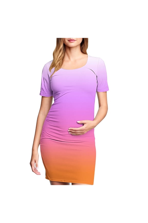 Woman' Fashionable Printed Pleated Maternity Skirt Short Sleeved Round Neck Mid Calf Dress(Purple,XL)