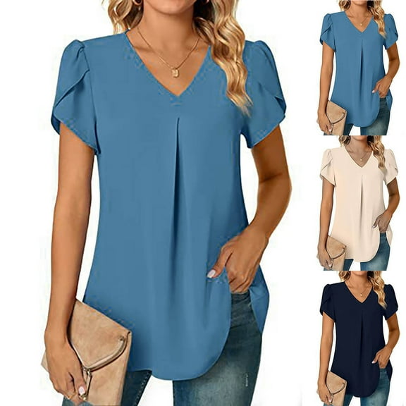 Fesfesfes Woman Shirts Women's Casual Sleeve Tops V-Neck Short Sleeve T- Cute Solid Summer Loose Blouses Tops Short Sleeve Tops XL(US:10)
