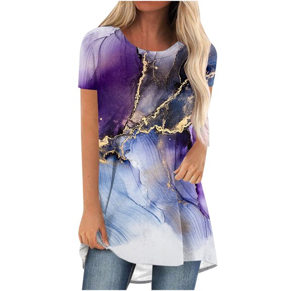 Fesfesfes Woman Tops Women's Summer Round Neck Loose Tops Casual Print Short Sleeve Blouse Womens Short Sleeve Workout Tops 12(XXL)
