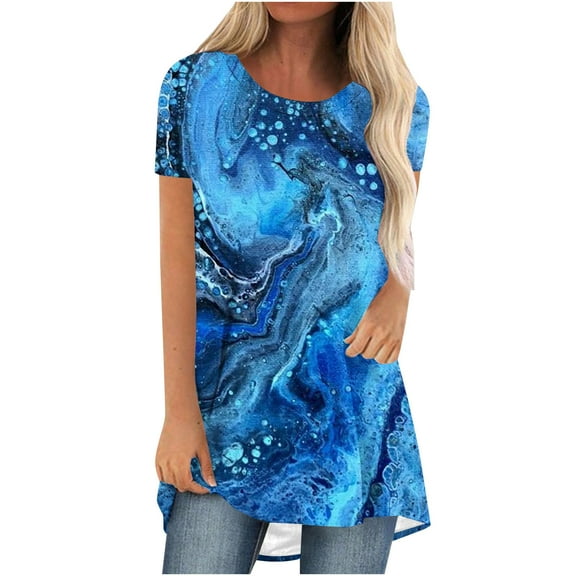 Fesfesfes Woman Tops Women's Summer Round Neck Loose Tops Casual Print Short Sleeve Blouse Womens Short Sleeve Workout Tops 4(S)