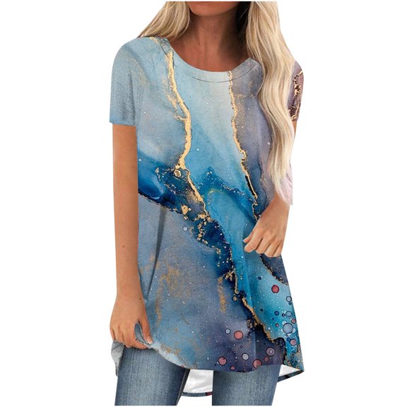 Fesfesfes Woman Tops Women's Summer Round Neck Loose Tops Casual Print Short Sleeve Blouse Womens Short Sleeve Workout Tops 4(S)