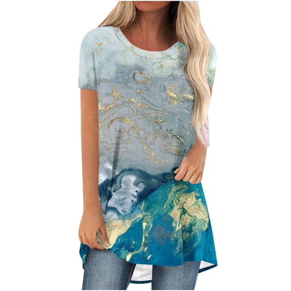 Fesfesfes Woman Tops Women's Summer Round Neck Loose Tops Casual Print Short Sleeve Blouse Womens Short Sleeve Workout Tops 8(L)