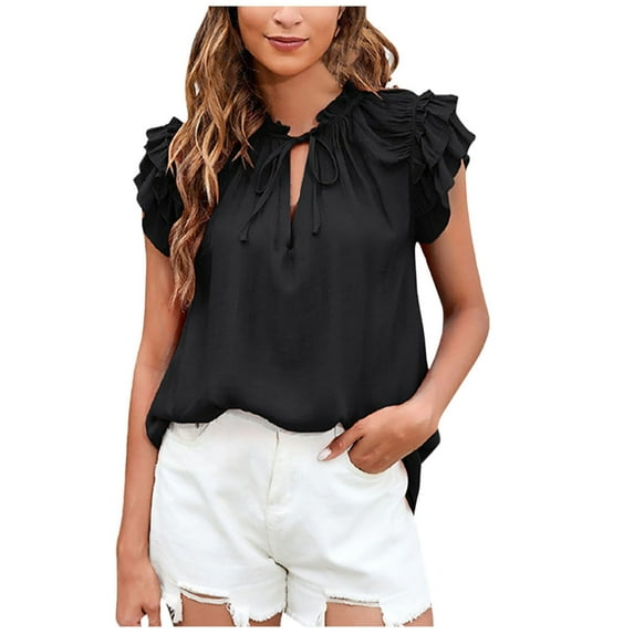 Fesfesfes Woman's Fashion Causal T-Shirt 2025 Summer Outdoor Ruffle Sleeve Tie-Neck Bandage Blouse Solid Color Loose Pullover Tops(Black,2XL)