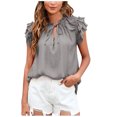 thumbnail image 1 of Fesfesfes Woman's Fashion Causal T-Shirt 2025 Summer Outdoor Ruffle Sleeve Tie-Neck Bandage Blouse Solid Color Loose Pullover Tops(Gray,S), 1 of 7