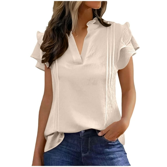 Fesfesfes Woman's Fashion Causal T-Shirt Summer Outdoor Ruffle Sleeve Tie-Neck Bandage Blouse Solid Color Loose Pullover Tops(Beige,XL)