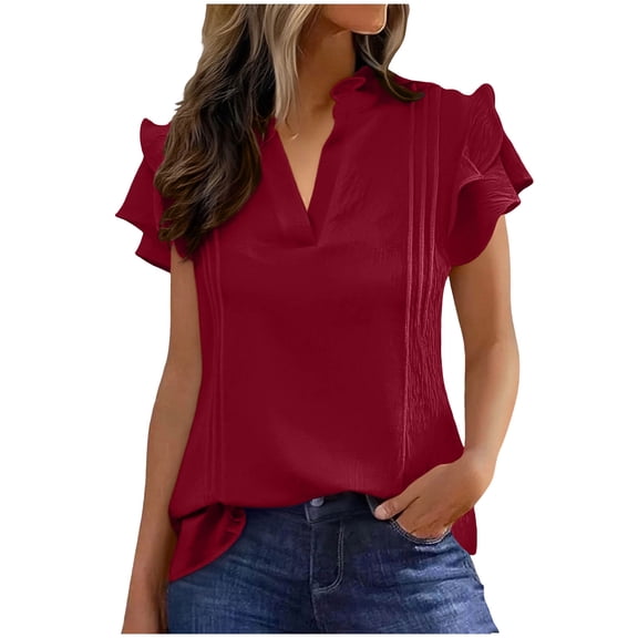 Fesfesfes Woman's Fashion Causal T-Shirt Summer Outdoor Ruffle Sleeve Tie-Neck Bandage Blouse Solid Color Loose Pullover Tops(Wine,L)
