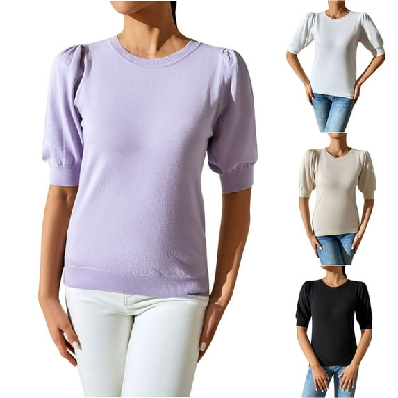 Fesfesfes Womans Shirts Womens Fashion Short Sleeve Round Neck Solid Color Loose Tops Blouse Puff Sleeve Knitted Sleeveless Tops for Women M(US:6)
