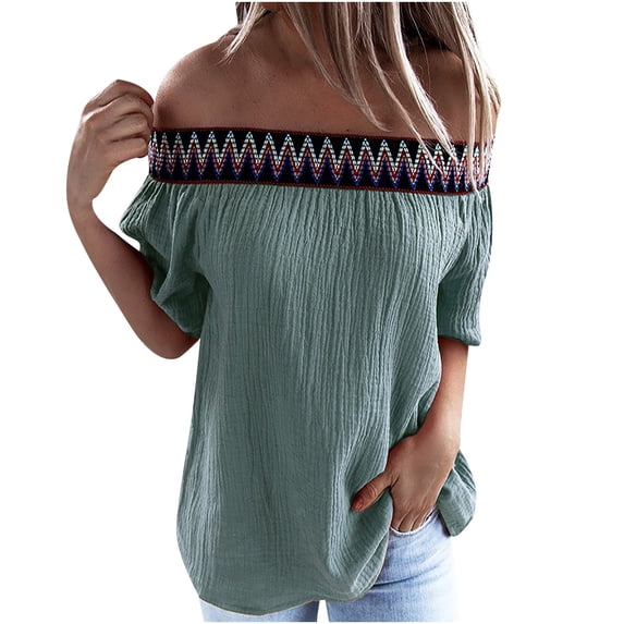 Fesfesfes Womem Tshirt Summer Tops Fashion Women Off Shoulder T-Shirt Short Sleeve Casual Tee Tops Blouse Off-the-Shoulder Tees Blouse Tunic Tops Clearance Under 10$