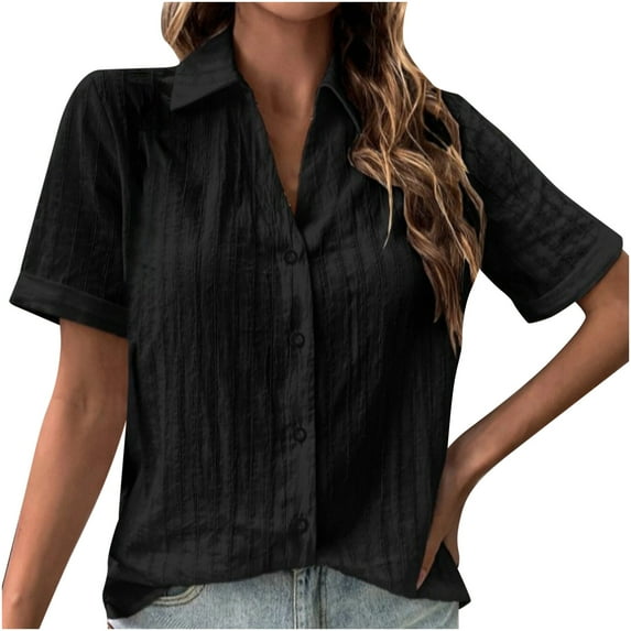 Fesfesfes Womem Tshirt Summer Tops Women Casual T-shirt Solid Short Sleeve Turndown Collar Buttons Cardigan Blouse Tops V Neck Tees Blouse Tunic Tops Summer