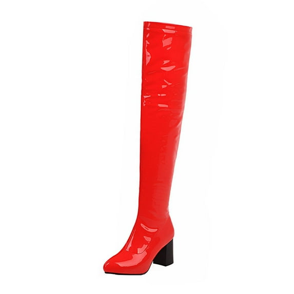 Fesfesfes Women Boots Knee High Fall Winter Stretch Patent Synthetic Thin Thick High-heeled Candy Color Over-the-knee US:4.5(35)