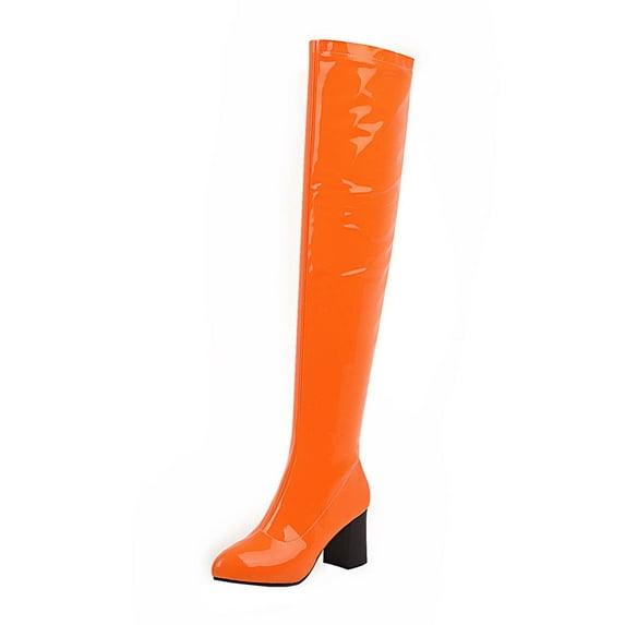 Fesfesfes Women Boots Knee High Fall Winter Stretch Patent Synthetic Thin Thick High-heeled Candy Color Over-the-knee US:7.5(40)