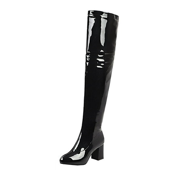 Fesfesfes Women Boots Knee High Fall Winter Stretch Patent Synthetic Thin Thick High-heeled Candy Color Over-the-knee US:9.5(43)