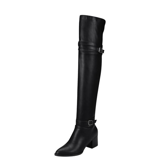Fesfesfes Women Boots Warm Belt Buckle Thick Heel High Heel Sleeve Over The Knee US:7(39)