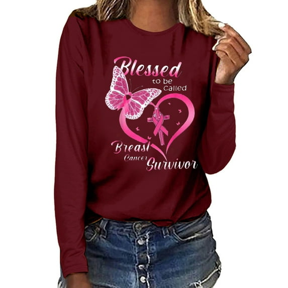 Fesfesfes Women Breast Cancer Prevention Tops Casual Long Sleeve O-neck Sweatshirt Tops Letter Printed Pullover Blouse Clothes Sale