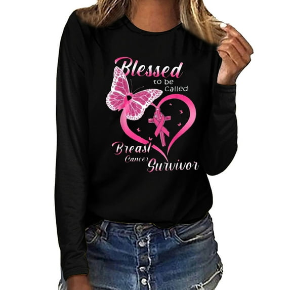 Fesfesfes Women Breast Cancer Prevention Tops Casual Long Sleeve O-neck Sweatshirt Tops Letter Printed Pullover Blouse Sale or Clearance
