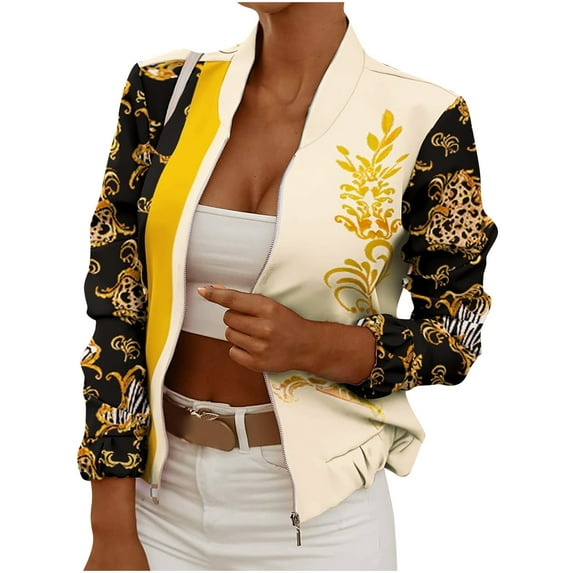 Fesfesfes Women Business Attire Printed Long Sleeve Slimming Cardigan Zip Up Suit Coat Top Jacket Clearance