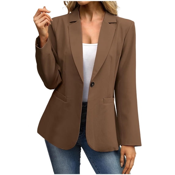 Fesfesfes Women Business Blouse Jacket Solid Color Printed Long Sleeve Suit Slimming Cardigan Double Breasted Suit Coat Tops Jacket(Z01#Brown,S)