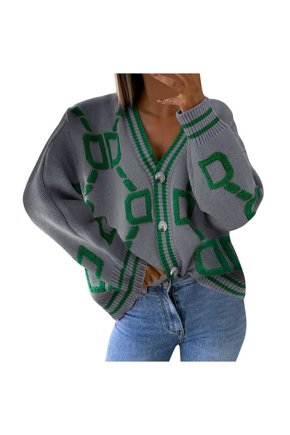 Women Cardigan Women V-Neck Sweater Cardigan Loose Letter Pattern Long Sleeve Sweater Tops