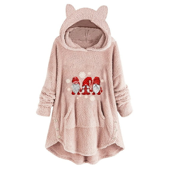 Fesfesfes Women Casual Christmas Printing Plush Outerwear Long Sleeved Tops Ladies Hooded Plush Coat Tops