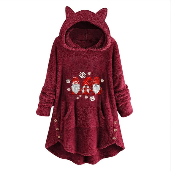 Fesfesfes Women Casual Christmas Printing Plush Outerwear Long Sleeved Tops Ladies Hooded Plush Coat Tops Under $10