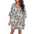 thumbnail image 1 of Fesfesfes Women Casual Dress Dress Sweet And Cute V-Neck Printed Bell Sleeve Shift Dress Mini Dress, 1 of 8