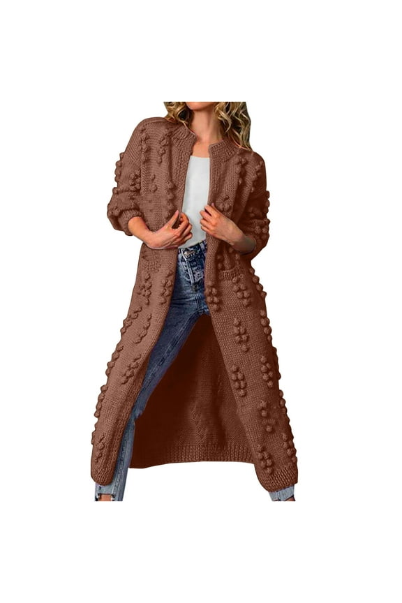 Women Casual Solid Color Round Neck Bubble Knit Cardigan Long Coat Sweater Outerwear Cozy Fall Winter Loose Comfortable Warm Soft Fashion Layered Tunic Tops(Brown#1,XL)