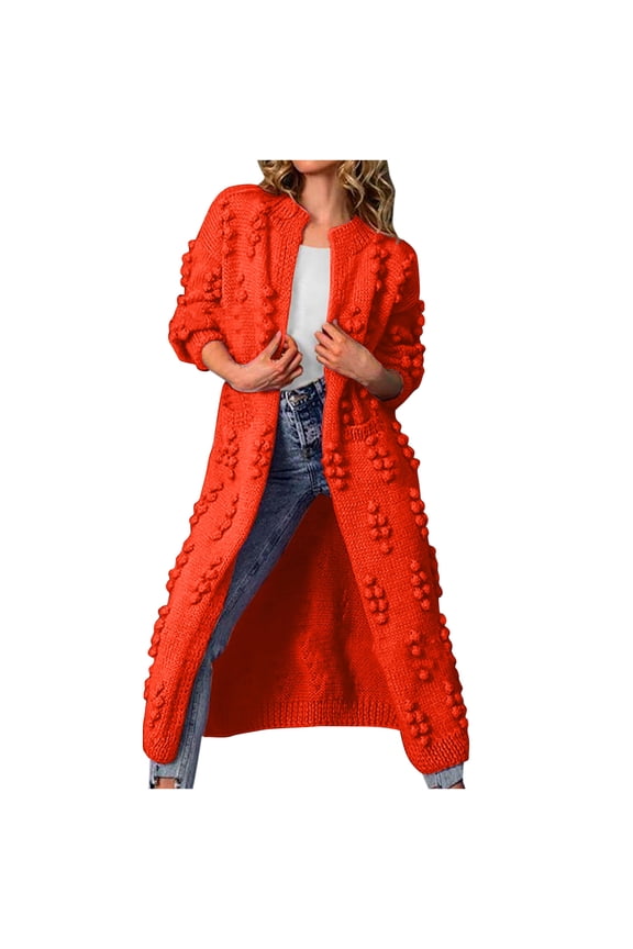 Women Casual Solid Color Round Neck Bubble Knit Cardigan Long Coat Sweater Outerwear Cozy Fall Winter Loose Comfortable Warm Soft Fashion Layered Tunic Tops(Orange#1,M)