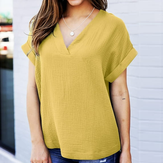 Fesfesfes Women Casual V-Neck Tops Loose Short Sleeve Tops for Women Solid Color T-shirt Top Elegant Blouse Pullover Tops