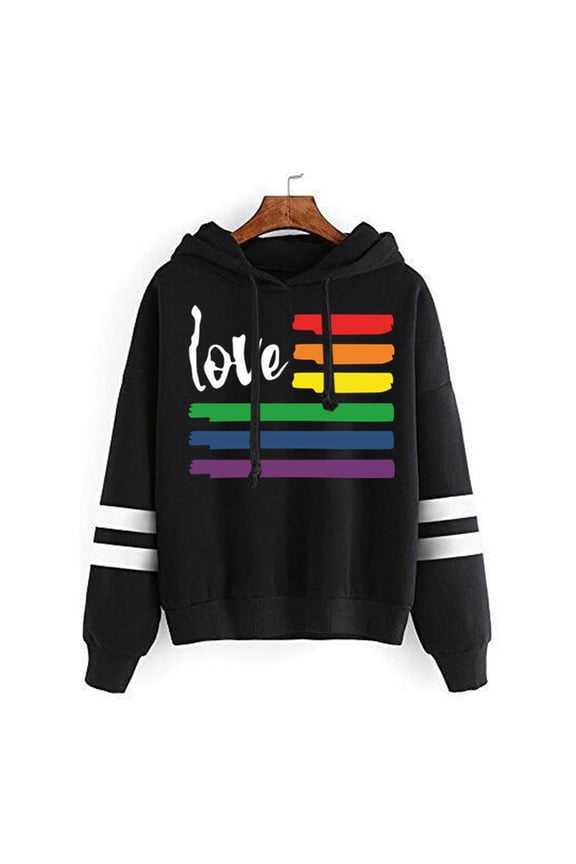 Women Casual rainbowPrinted Long Sleeve Pullover Hoodie Two lines Tops