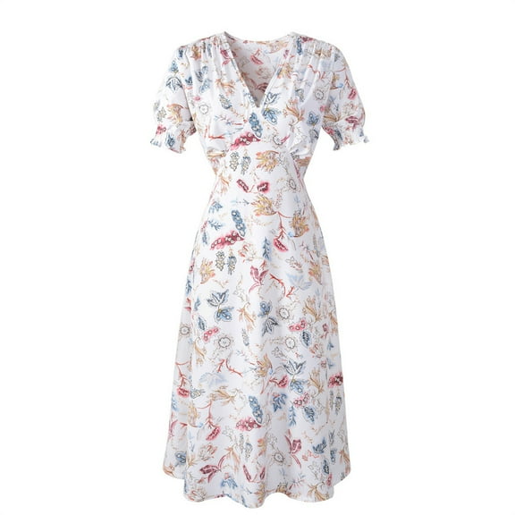 Fesfesfes Women Causual V Neck Dress Chiffon Floral Boho Beach Short Sleeve Dress