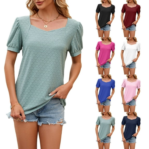Fesfesfes Women Clothing Women's Fashion Casual Solid Color Short Sleeve V-Neck Blouses Shirts Short Sleeve T Shirts for Women M(US:6)
