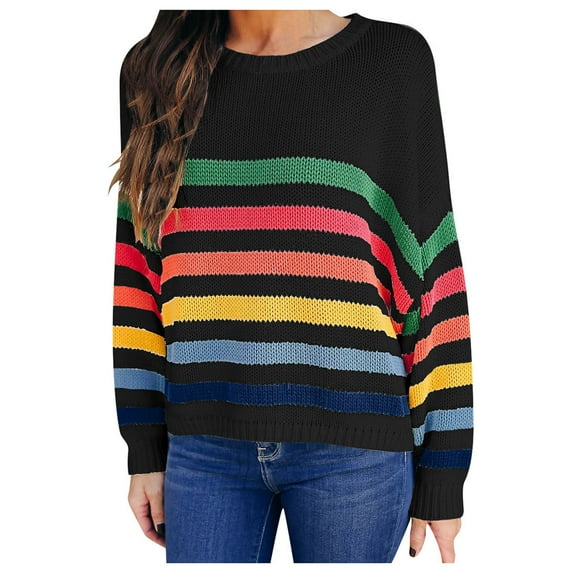 Fesfesfes Women Color Block Sweater Cable Knit Rainbow Striped Tops Young Ladies Long Sleeve Sweaters Blouse Tops