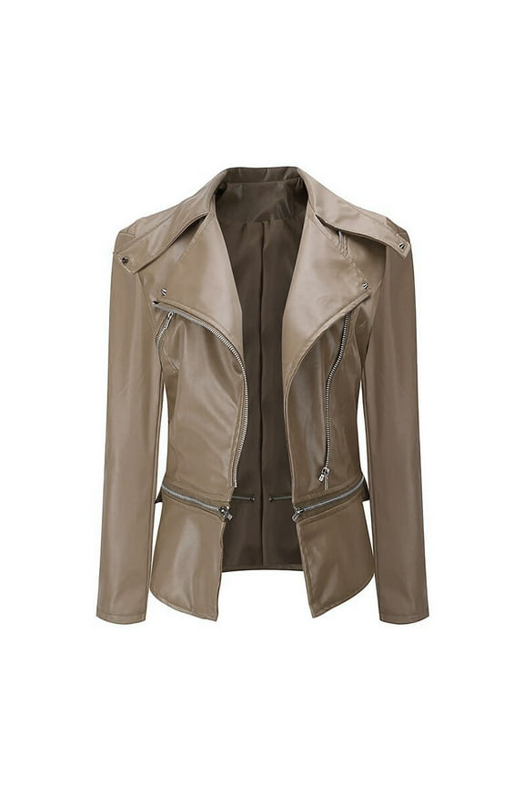 Women Cool Faux Leather Jacket Long Sleeve Jacket Lapel Collar Zipper Slim Fitted Coat Fall Short Jacket Under $10