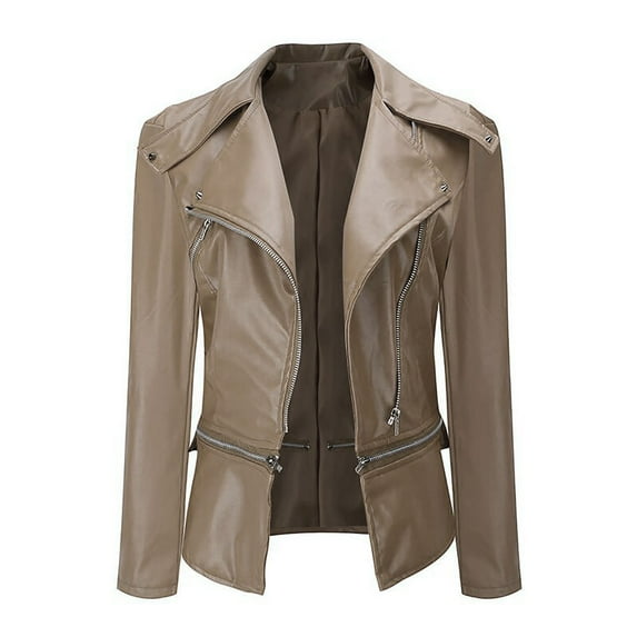 Fesfesfes Women Cool Faux Leather Jacket Long Sleeve Jacket Lapel Collar Zipper Slim Fitted Coat Fall Short Jacket Under $10
