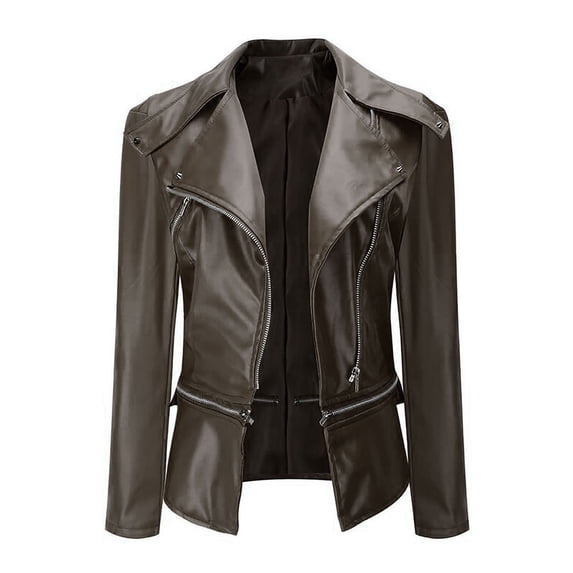 Fesfesfes Women Cool Faux Leather Jacket Long Sleeve Jacket Lapel Collar Zipper Slim Fitted Coat Fall Short Jacket Sale Items
