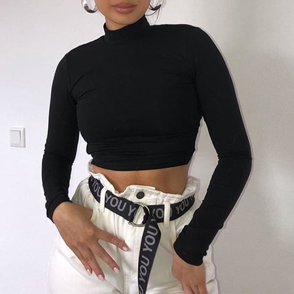 Fesfesfes Women Crop Tops Casual Long Sleeve Sweater Tops Mock Neck Skinny Blouse Tops Fall and Winter Base Layer Shirt