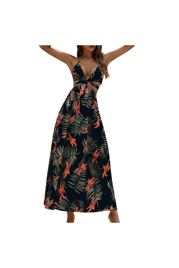 Women Dress Bohemian Beach Camis Sleeveless V-neck Halter Backless Elasty Long Dress Tops on