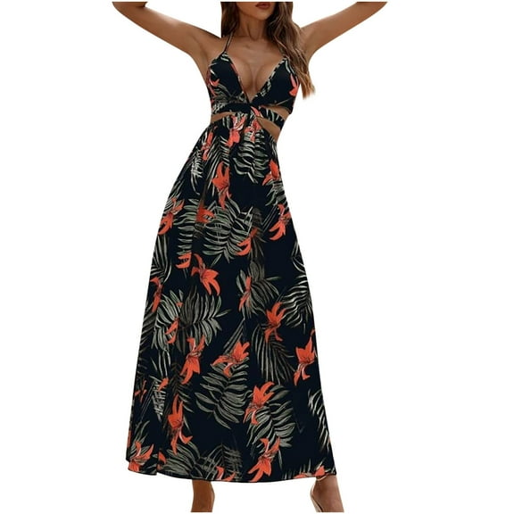 Fesfesfes Women Dress Bohemian Beach Camis Sleeveless V-neck Halter Backless Elasty Long Dress or